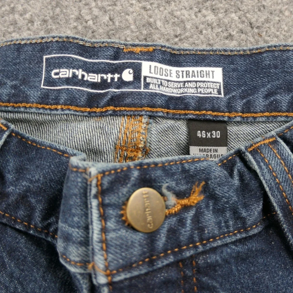Carhartt Jeans Mens 46x30 Blue Carpenter Workwear Loose Straight Denim Dungaree